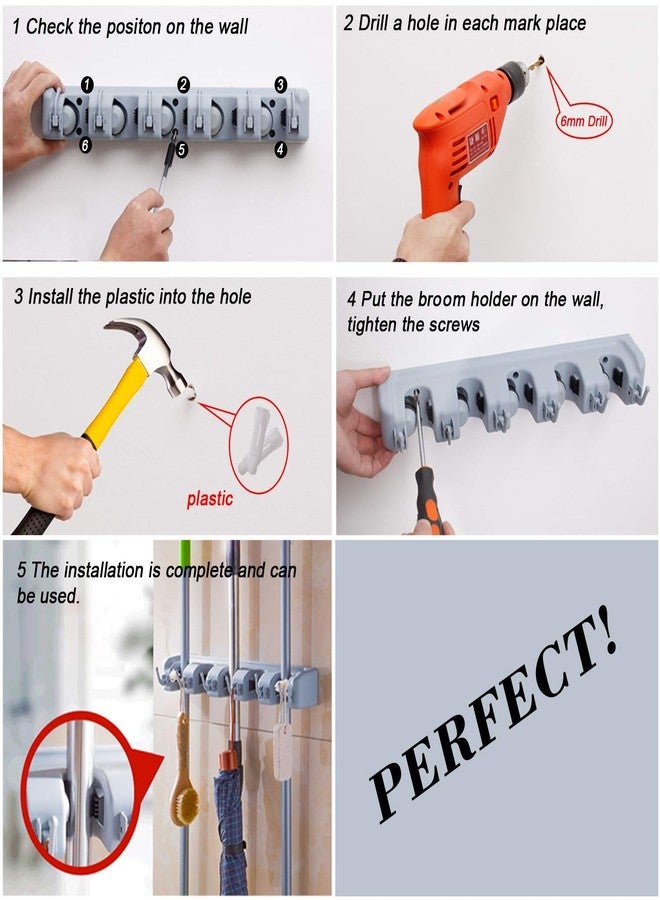 VAVSU Mop and Broom Holder Wall Mount Heavy Duty Broom Holder Wall Mounted Broom Organizer Home Garden Garage Storage Rack 5 Position with 6 Hooks - Image 4